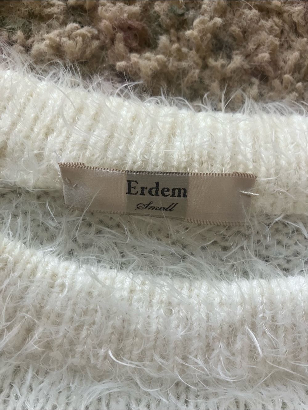 ERDEM white Fuzzy Crewneck Sweater with Floral Embroidery - Picture 2 of 8